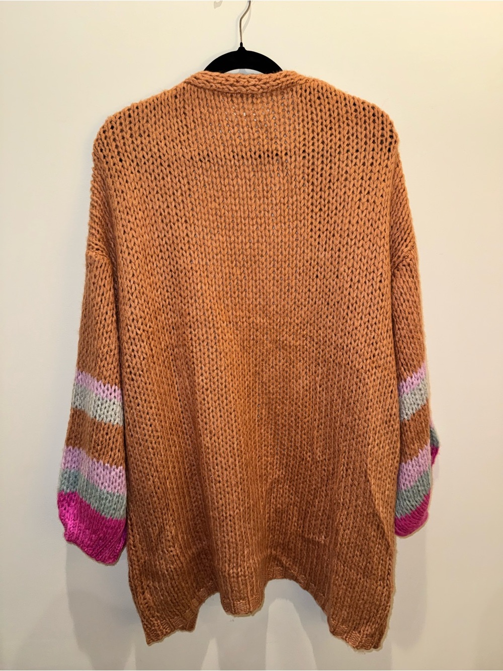 Open-Front Rust Cardigan with Pink Stripe Sleeve Accents - Picture 6 of 9